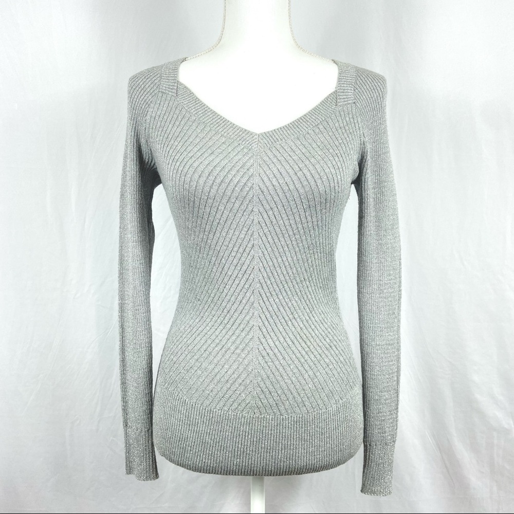 WHBM Silver Shimmer Long Sleeve Light Weight V Neck Sweater